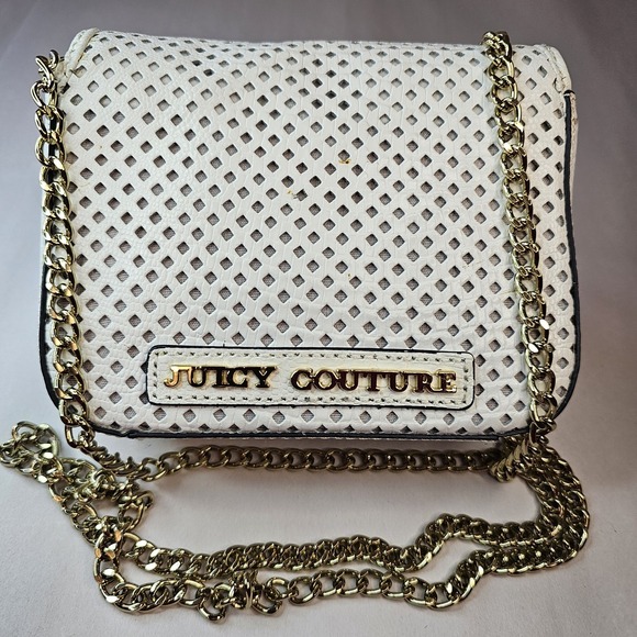 Juicy Couture White Perforated‎ Chain Crossbody Bag Rhinestone Turn Lock Gold - Picture 2 of 16